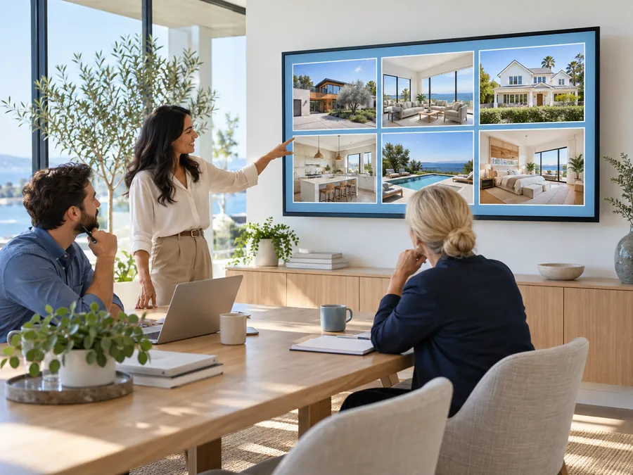 A brokerage team reviews a wall screen showing six listings in one consistent style.