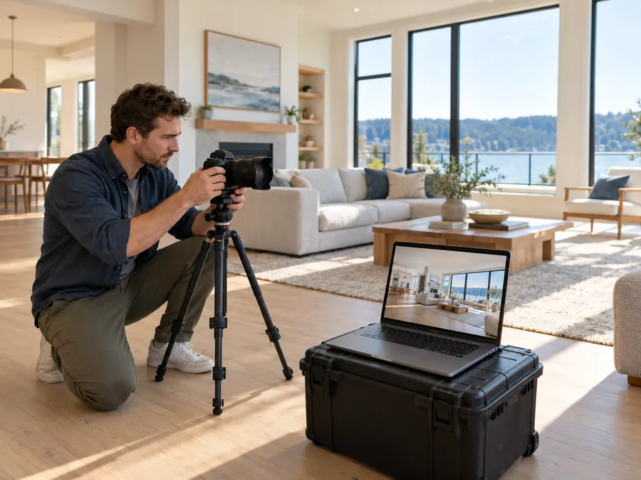 A photographer sets up a camera in a bright living room, with the shot on a laptop beside him.